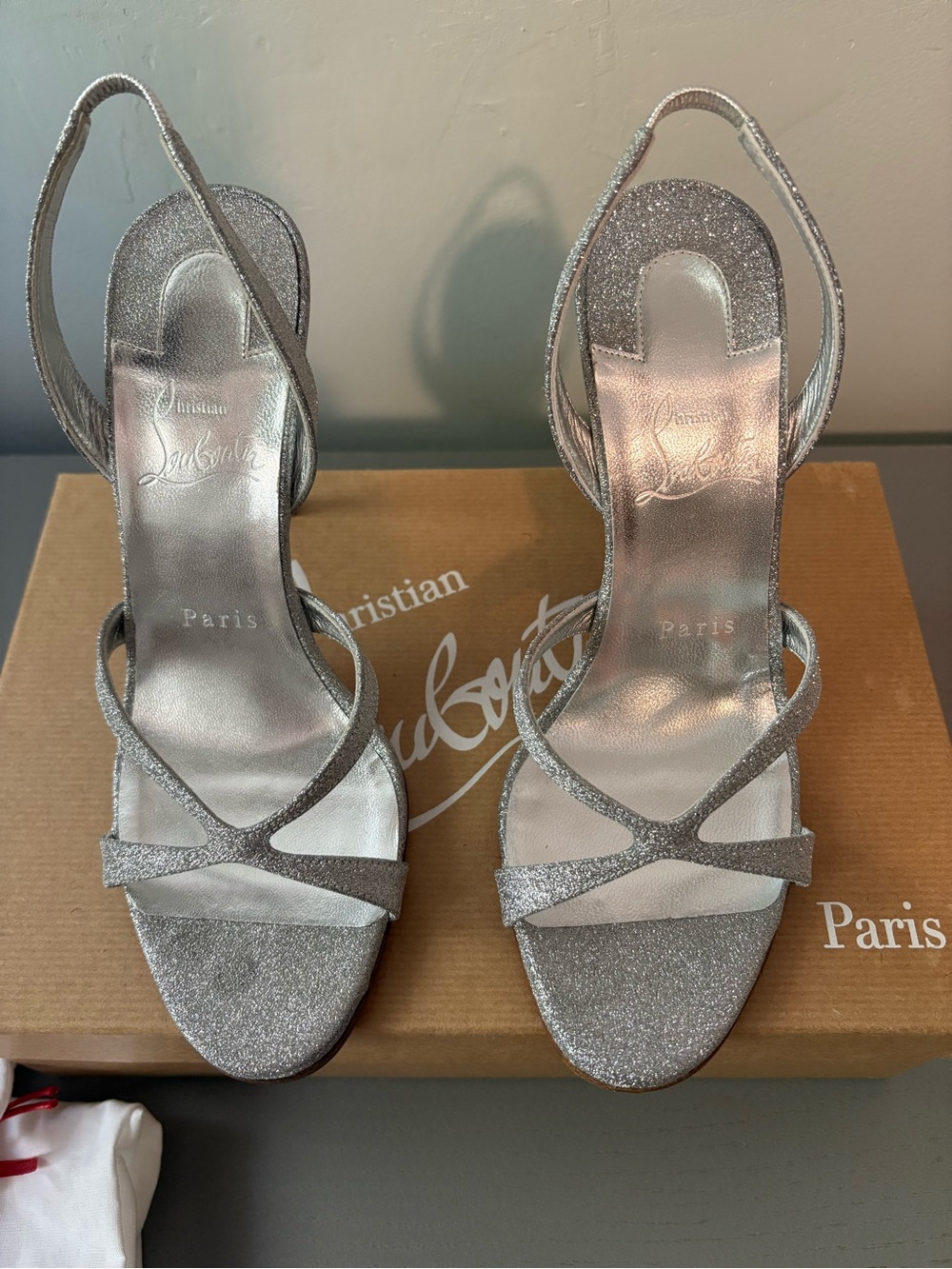 Christian Louboutin Silver Glitter Strappy Slingback Heels